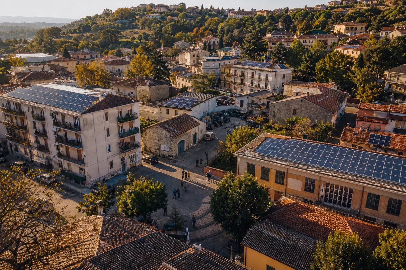 Schema di una comunità energetica con impianti fotovoltaici, contatori e flussi di energia condivisa