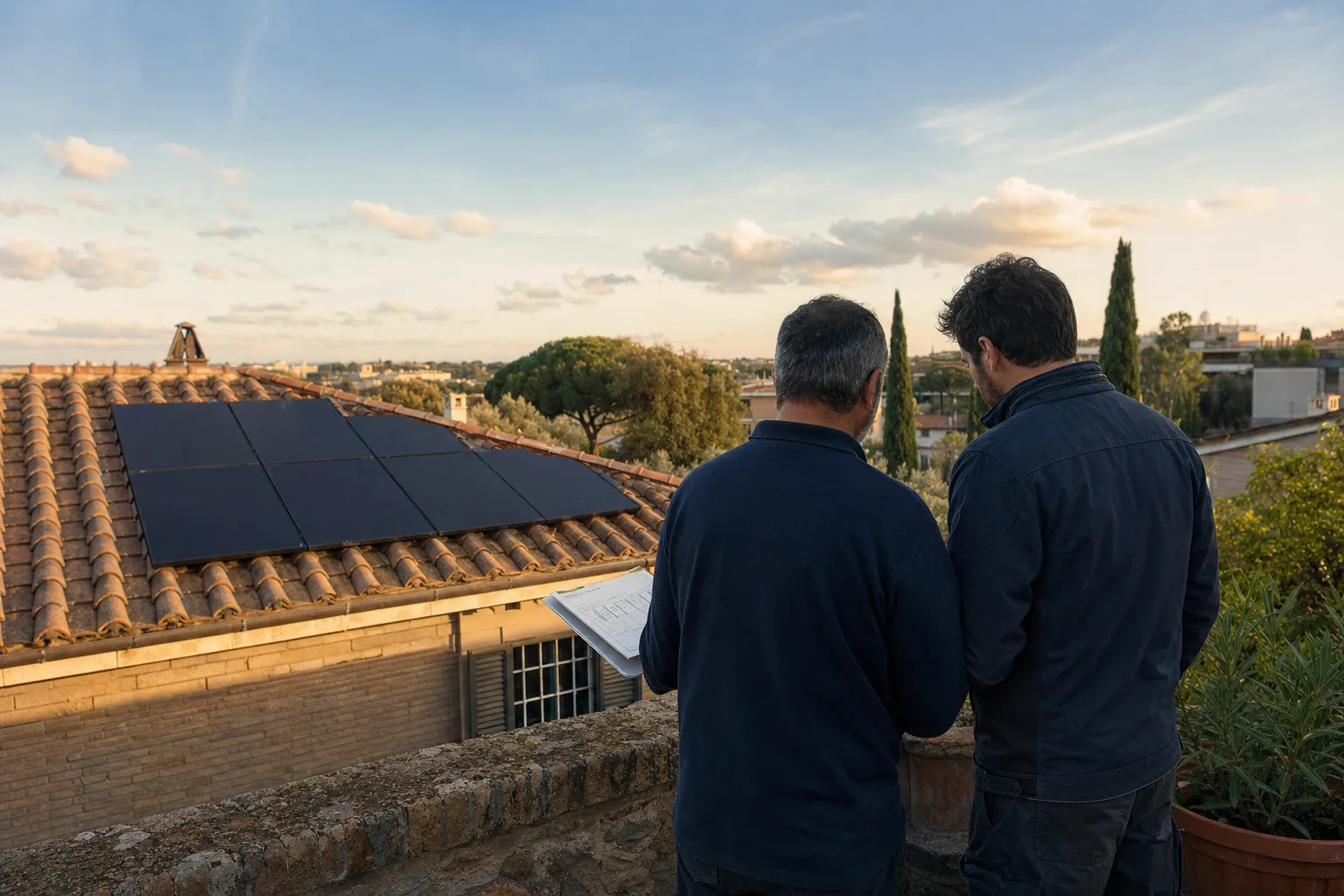Tetto con pannelli solari a Roma al tramonto, con vista sulla città sullo sfondo