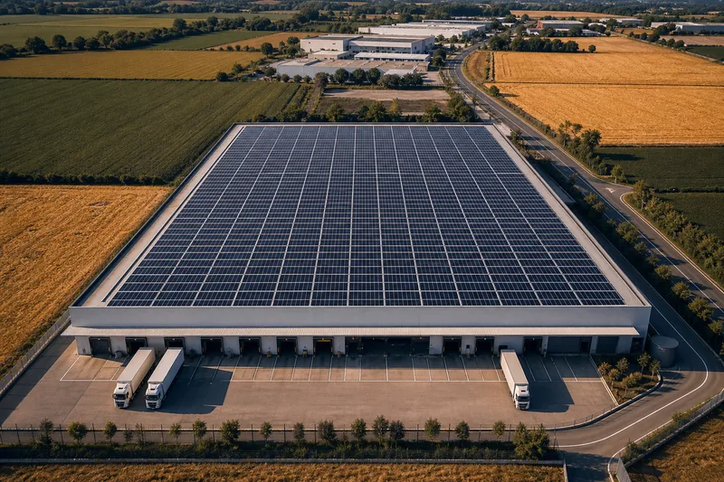 Capannone industriale con copertura fotovoltaica visto dall'alto