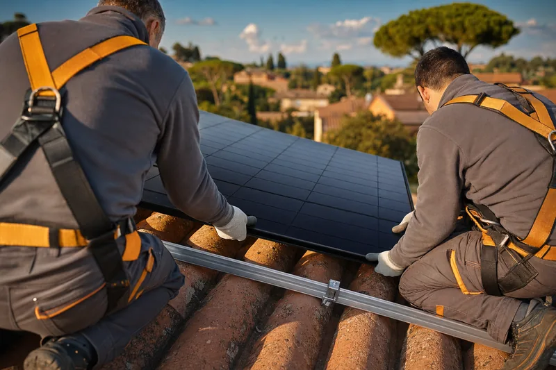 Installatori Ergetica posano un modulo su un tetto in coppi